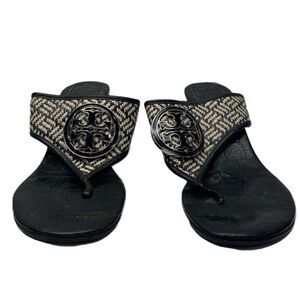 Tory Burch " Fete Woven Raffia" Black & White Leather Women's Sandal Heels 9.5